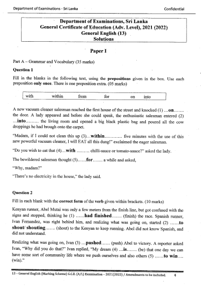 2021 A L General English Marking Scheme Past Papers Wiki