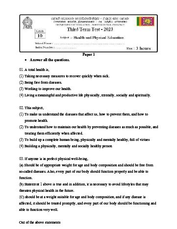 North Central Province 2023 2024 Grade 10 Health 3rd Term Test Paper