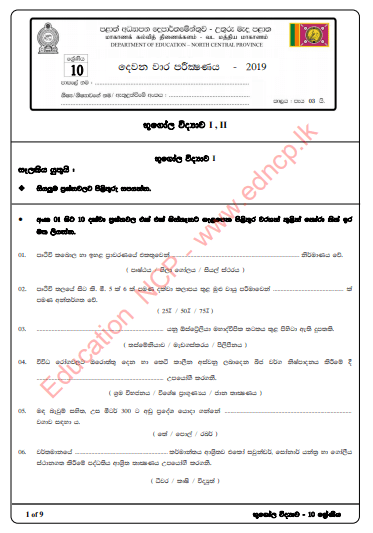 Grade 10 Geography Paper 2019 (2nd Term Test) | North Central Province