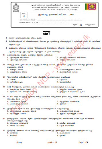 Grade 10 History Paper 2019 (2nd Term Test) | North Central Province