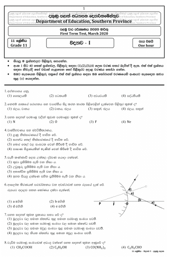 Grade 11 Science Paper 2020 (1st Term Test) | Southern Province