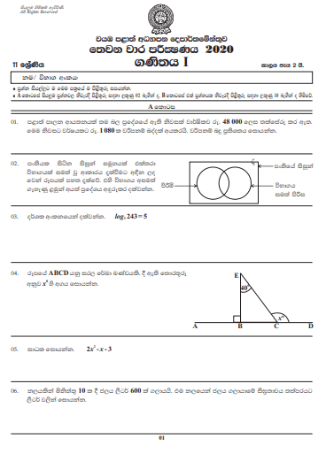 Grade 11 Mathematics Paper 2020 (3rd Term Test) | North Western Province