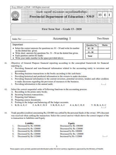 Grade 13 Accounting Past Paper 2020 (1st Term Test) | North Western Province
