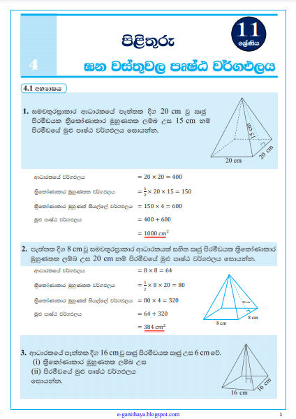 SURFACE AREA OF SOLIDS (Ganawasthuwala Prushta Wargapalaya) | Grade 11 Maths Textbook Answers