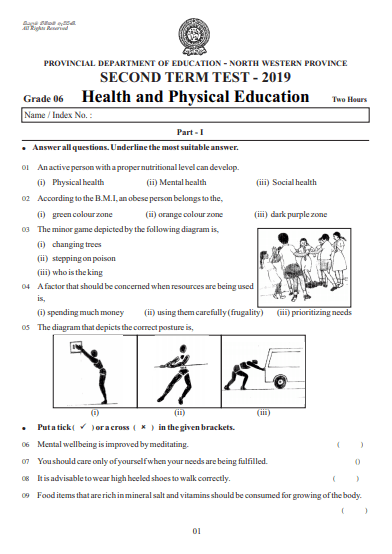 Grade 06 Health 2nd Term Test Paper 2019 English Medium – North Western Province