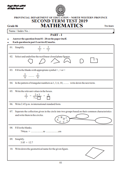 Grade 06 Mathematics 2nd Term Test Paper 2019 English Medium – North Western Province