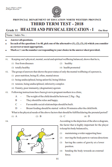 Grade 11 Health 3rd Term Test Paper 2018 English Medium – North Western Province