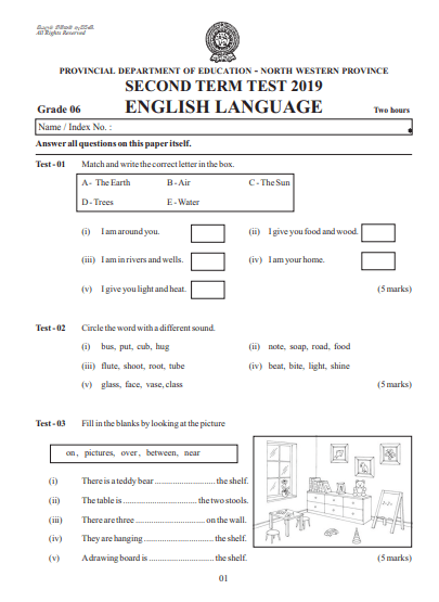 Grade 06 English 2nd Term Test Paper with Answers 2019 - North Western Province