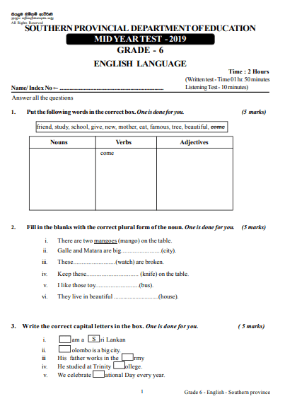 Grade 06 English 2nd Term Test Paper with Answers 2019 - Southern Province