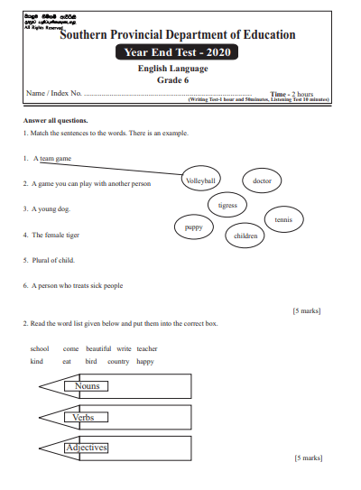 Grade 06 English 3rd Term Test Paper with Answers 2020 - Southern Province