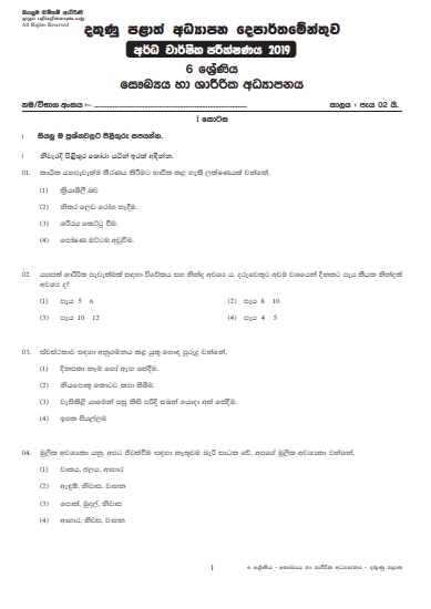 Grade 06 Health And Physical Education 2nd Term Test Paper with Answers 2019 Sinhala Medium - Southern Province