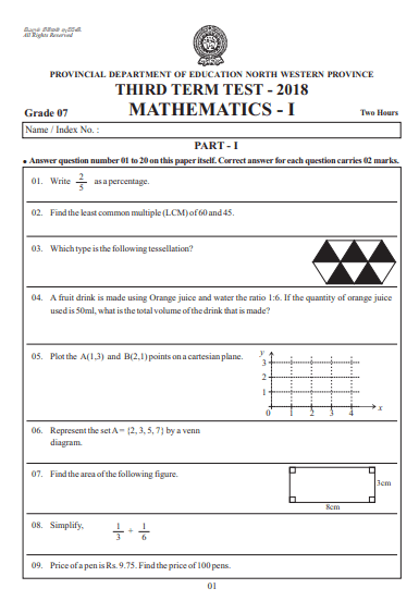 Grade 07 Mathematics 3rd Term Test Paper 2018 English Medium – North Western Province