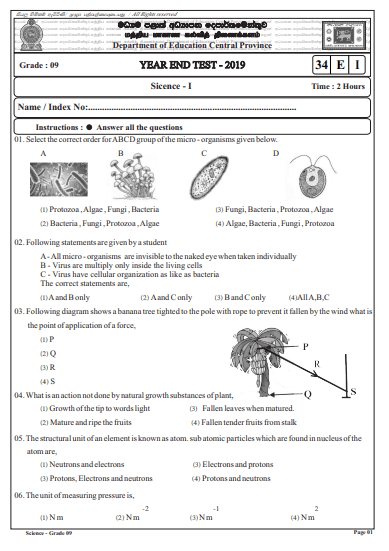 Grade 09 Science 3rd Term Test Paper 2019 English Medium – Central Province