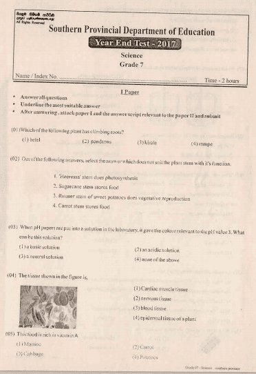 Grade 07 Science 3rd Term Test Paper 2017 English Medium – Southern Province