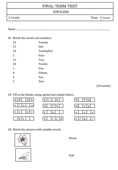 Grade 03 English 3rd Term Test Model Paper – English Medium