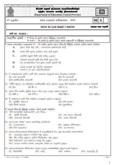 Grade 07 Drama 3rd Term Test Paper 2019 Sinhala Medium – Central Province