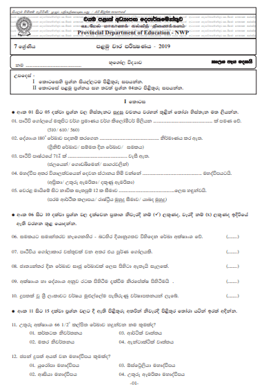 Grade 07 Geography 1st Term Test Paper 2019 Sinhala Medium – North Western Province