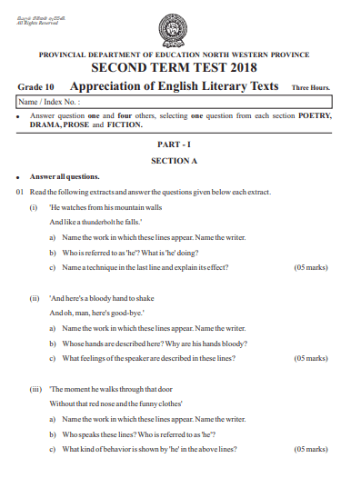 Grade 10 English Literature 2nd Term Test Paper with Answers 2018 - North western Province
