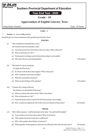 Grade 10 English Literature 3rd Term Test Paper 2020 - Southern Province
