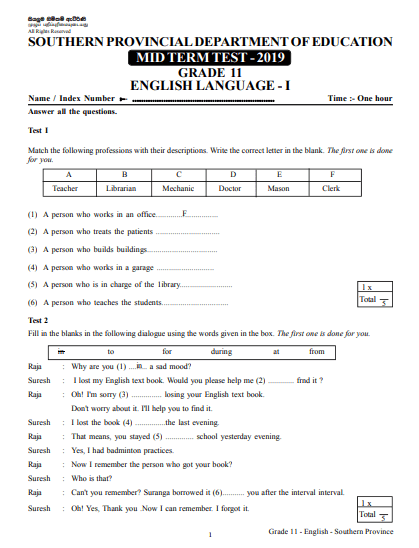Grade 11 English 2nd Term Test Paper with Answers 2019 - Southern Province