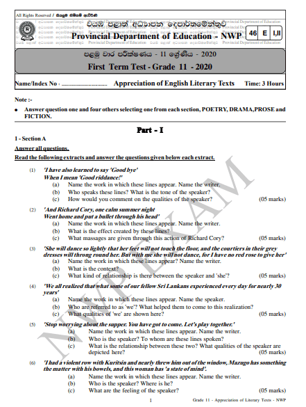 Grade 11 English Literature 1st Term Test Paper with Answers 2020 - North western Province