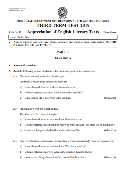 Grade 11 English Literature 3rd Term Test Paper 2019 - North western Province