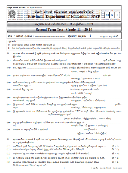 Grade 11 Geography 2nd Term Test Paper with Answers 2019 Sinhala Medium - North western Province