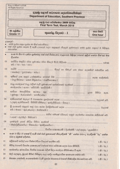 Grade 11 Geography 1st Term Test Paper 2019 Sinhala Medium - Southern Province