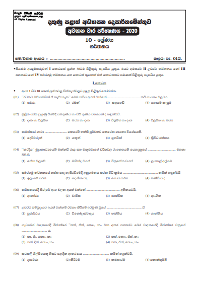 Grade 10 Dancing 3rd Term Test Paper with Answers 2020 Sinhala Medium - Southern Province