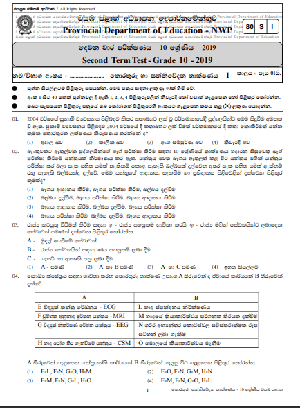 Grade 10 Information And Communication Technology 2nd Term Test Paper with Answers 2019 Sinhala Medium - North western Province