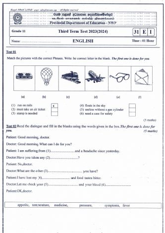 2023(2024) Grade 11 English 3rd Term Test Paper | North Western Province