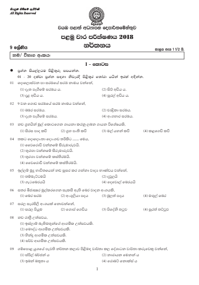 Grade 09 Dancing 1st Term Test Paper 2018 | North Western Province