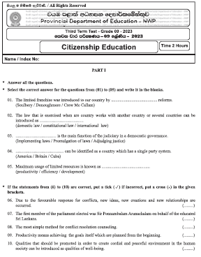 2023(2024) Grade 09 Civic 3rd Term Test Paper (English Medium) | North Western Province