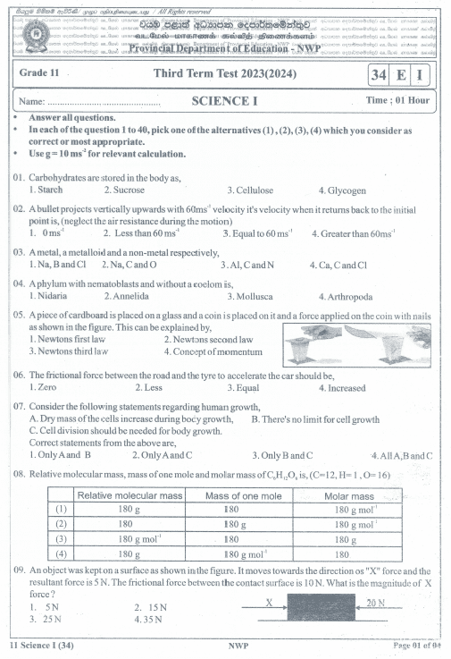 2023(2024) Grade 11 Science 3rd Term Test Paper (English Medium ...
