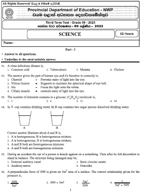 2023(2024) Grade 09 Science 3rd Term Test Paper (English Medium) | North Western Province