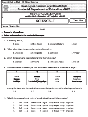 2023(2024) Grade 07 Science 3rd Term Test Paper (English Medium) | North Western Province