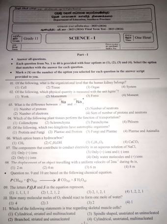 Southern Province 2023(2024) Grade 11 Science 3rd Term Test Paper 