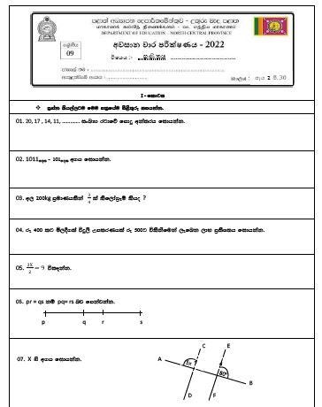 North Central Province 2022 Grade 09 Maths 3rd Term Test Paper with Answers