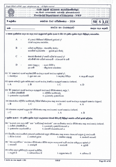North Western Province 2024 Grade 09 Drama Third Term Test Paper PDF with Answers in Sinhala Medium
