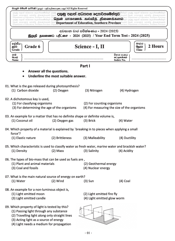 Southern Province 2024(2025) Grade 06 Science Third Term Test Paper PDF in English Medium