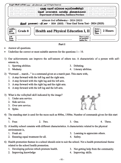 Southern Province 2024 Grade 08 Health Third Term Test Paper PDF in English Medium