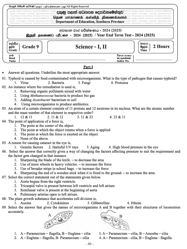 Southern Province 2024 Grade 09 Science Third Term Test Paper PDF in English Medium