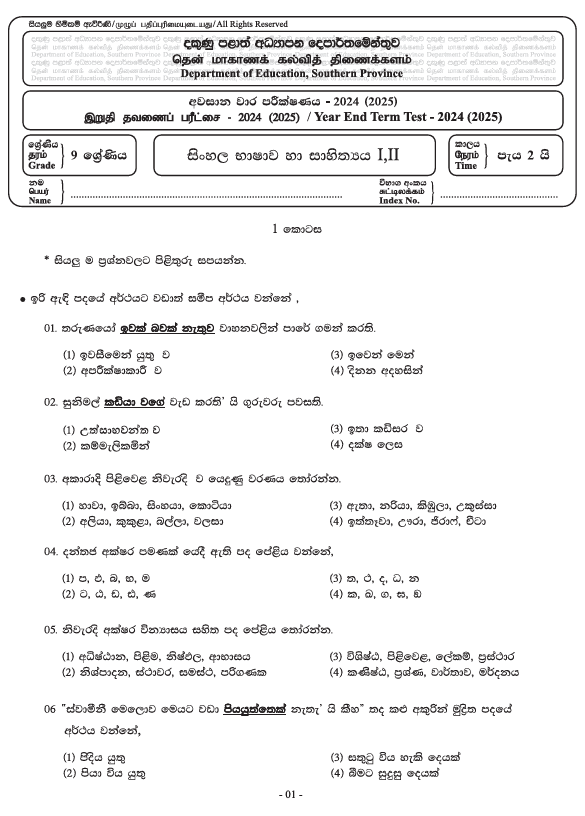 Southern Province 2024 Grade 09 Sinhala Third Term Test Paper PDF With Answers