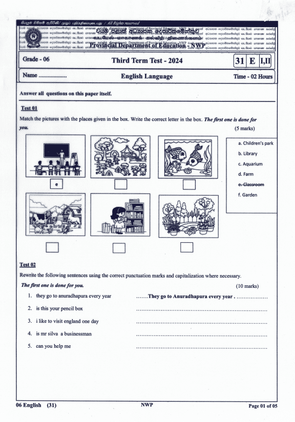 North Western Province 2024 Grade 06 English Language Third Term Test Paper PDF with Answers