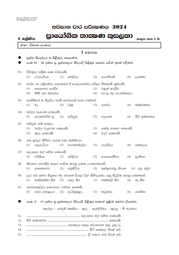 North Western Province 2024 Grade 06 PTS Third Term Test Paper PDF in Sinhala Medium