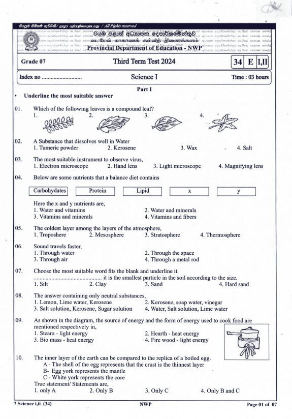 North Western Province 2024 Grade 07 Science Third Term Test Paper PDF with Answers in English Medium
