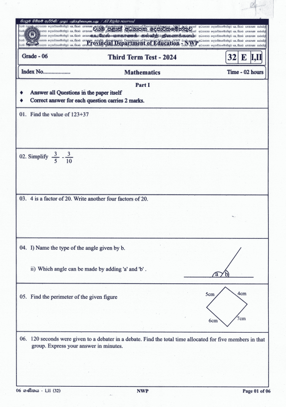 North Western Province 2024 Grade 06 Mathematics Third Term Test Paper PDF in English Medium