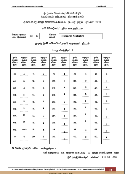 Official G.C.E. 2019 A/L Business Statistics Answer Sheet PDF