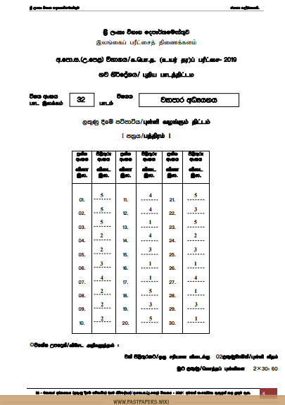 Official G.C.E. 2019 A/L Business Studies Answer Sheet Sinhala Medium PDF