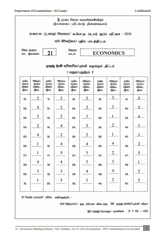 Official G.C.E. 2019 A/L Economics Answer Sheet English Medium PDF
